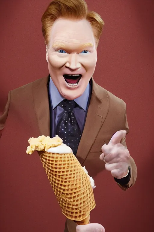 Prompt: 📷 conan o'brien the ice - cream cone 🍦, made of food, still image, dynamic lighting, 4 k