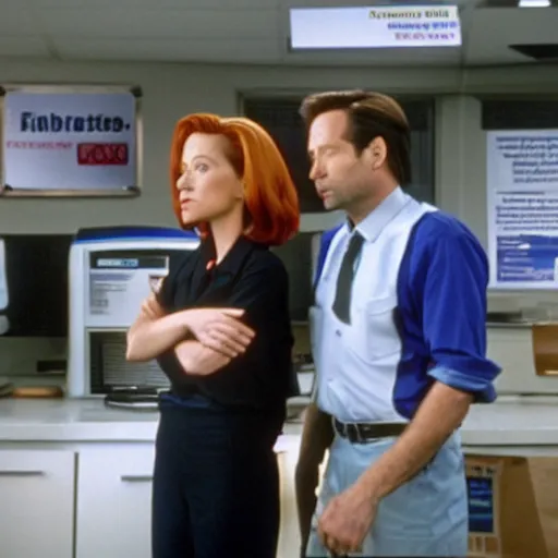 Prompt: mulder and scully investigate the fridge at the dmv, television still