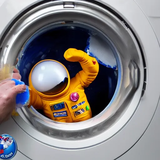 Prompt: Photograph of a terrified toy astronaut being washed in a washing machine. 8k resolution.