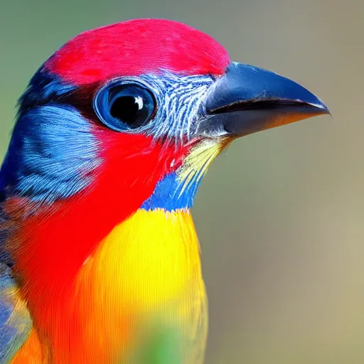 Prompt: colourful bird looking at camera quizzically with tilted head, photograph