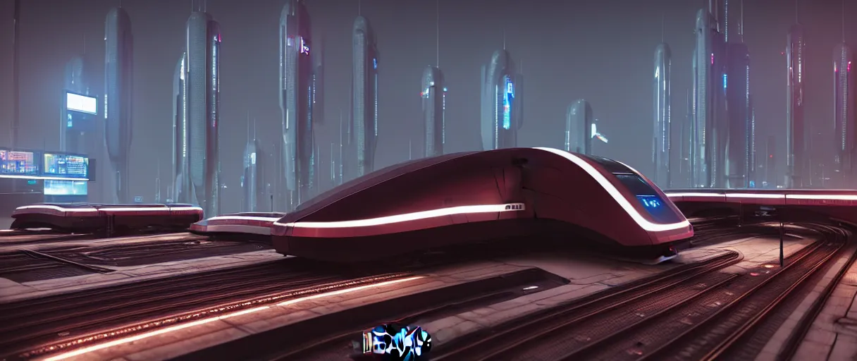 Prompt: futuristic city center maglev train station, modern landscape architectural design for industrialpunk concrete and glass, maroon metallic accents, gorgeous lighting, golden hour, cyberpunk, 2077, dramatic lighting and composition, high detail photography 5, 8k, origin 100i, star citizen area18, central focus