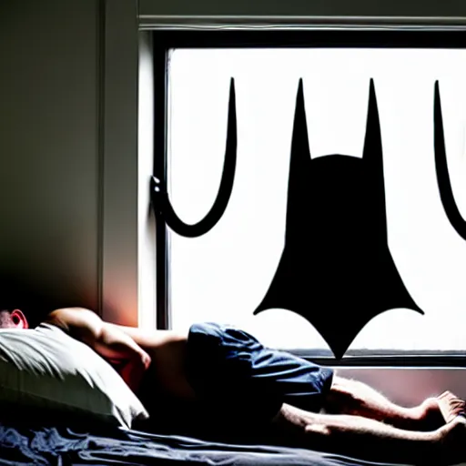 Image similar to man sleeping in bed with white tentacle mask with batman lurking menacingly in the window