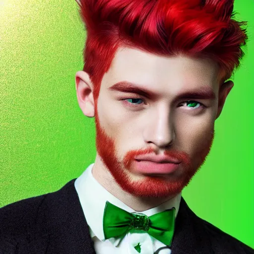 Prompt: professional digital art of a stylish young man with red hair and green cat - like eyes, popular, famous, attractive, high quality, highly detailed, hd, 4 k, 8 k,
