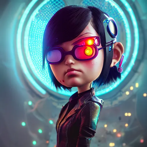 Prompt: an epic chibi comic book style portrait painting of a female cyberpunk net inner, character design by mark ryden and pixar and hayao miyazaki, unreal 5, daz, hyperrealistic, octane render, cosplay, dynamic lighting, intricate detail, harvest fall vibrancy, cinematic