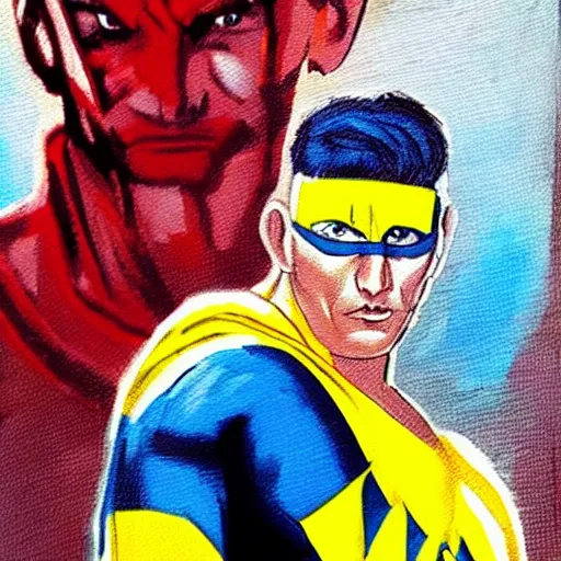 Prompt: the leader of ukraine dressed as a superhero fighting with putin coloured painting