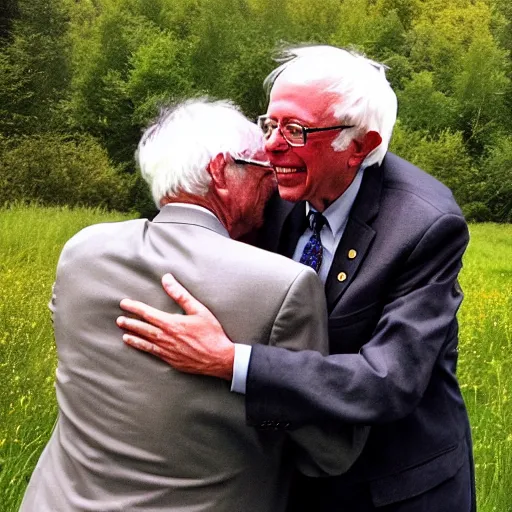 Prompt: bernie sanders hugging mr. rogers in a meadow