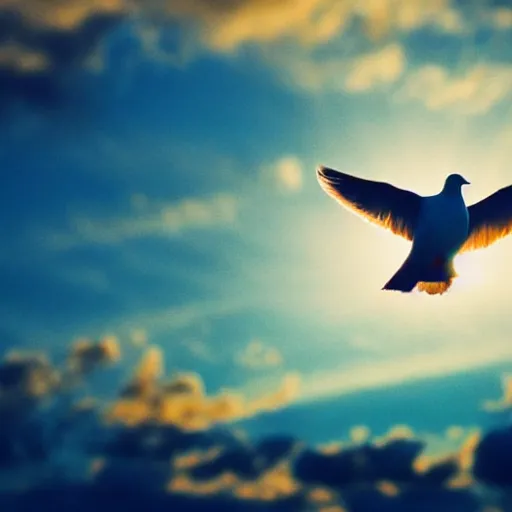 Image similar to Close-up realistic shot of a radiant white dove flying over the clouds at sunset, ethereal, vintage photograph, film grain, surreal, awe-inspiring, highly detailed, blue and orange color scheme