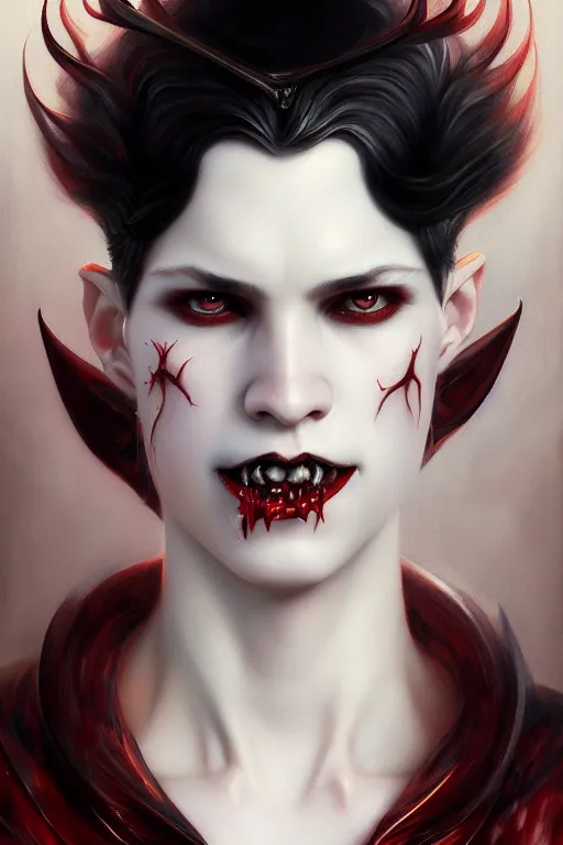 Image similar to a portrait of a sharp fang white pale skin devil with black eyes by karol bak, james jean, tom bagshaw, rococo, sharp focus, trending on artstation, cinematic lighting, hyper realism, octane render, 8 k, hyper detailed, vivid, ultra detailed, highly detailed