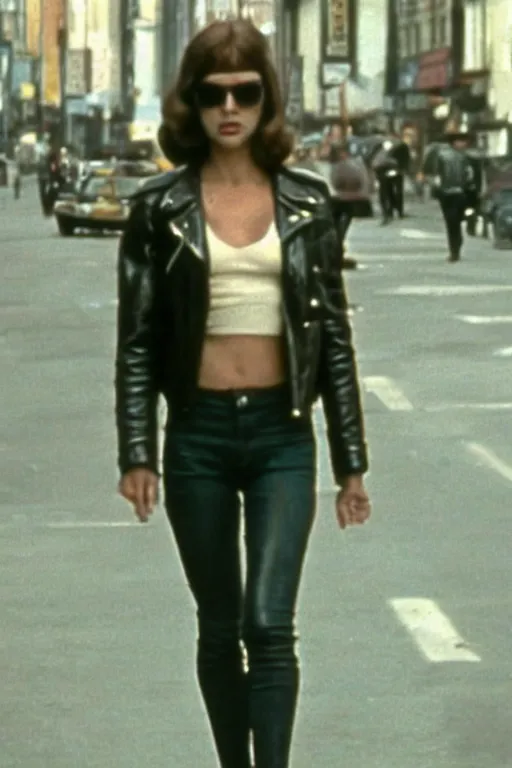 Image similar to attractive young woman, center focus, wearing leather jacket, in city street, film still from martin scorcese's taxi driver ( 1 9 7 6 )