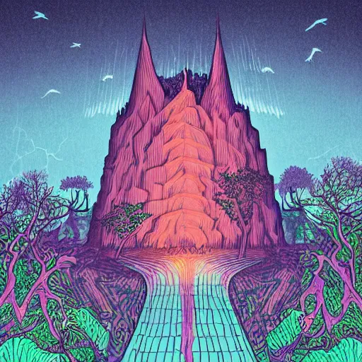 Prompt: giger illustration dark purple steep and zig - zag path to evil fantasy castle over a high dark blue hill at night. orange to pink gradient sky and thunderstorm background. forest underneath