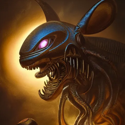 Prompt: mickey mouse xenomorph chimera lurkin in dark room portrait, round ears, designed by h. r. giger, highly intricate detailed 8 k ultrarealistic octane render by artgerm and rutkowski and mucha