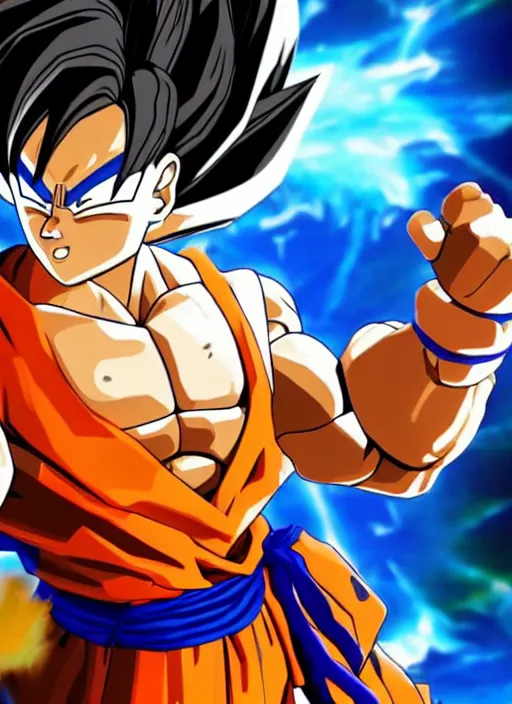 Image similar to game still of a sayan goku as a fortnite skin in fortnite by fortnite, pose.