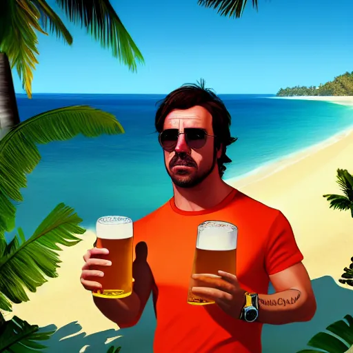 Image similar to Fernando Alonso on a tropical island, scenic view, holding a beer!!, digital art, gta 5 cover art, trending on artstation