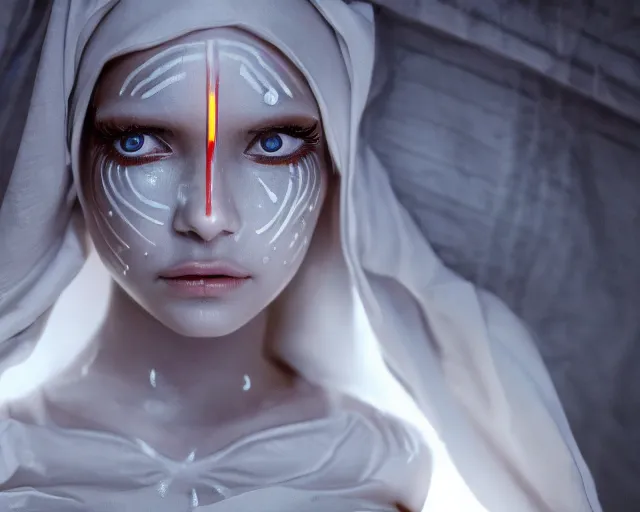 Image similar to a film still of a synthetic female human wrapped in white cloth, beautiful, tribal facepaint, in neotokyo, cinematic lighting, high resolution, 4 k