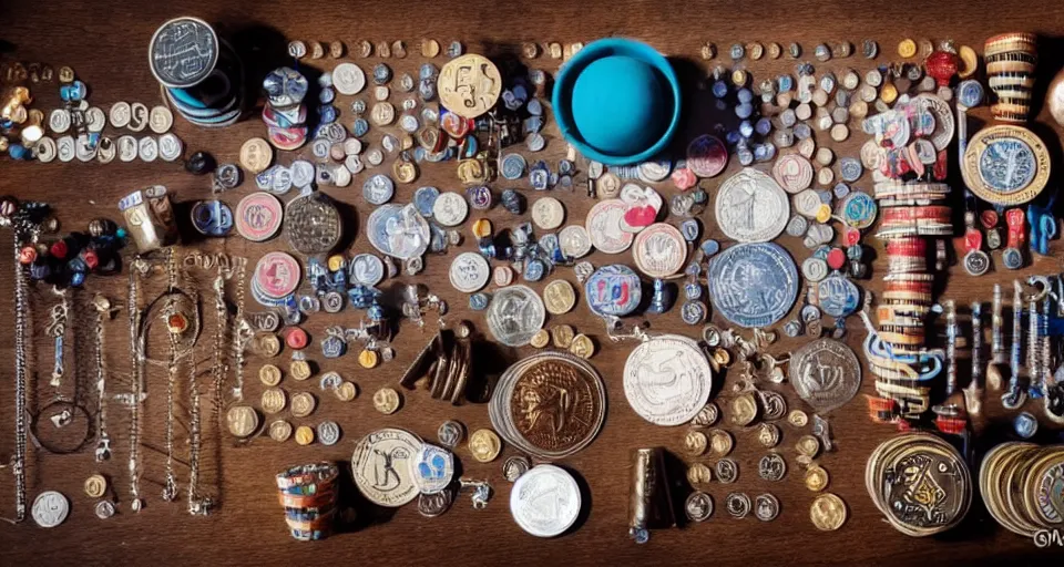 Image similar to a knolling of magicians props, wands, linking rings, playing cards, coins, cups and balls, overhead view, flatlay