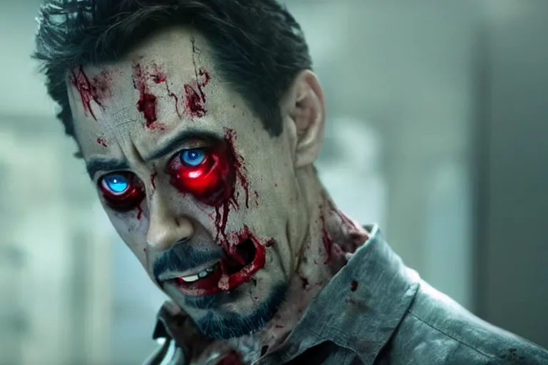 Image similar to film still of zombie zombie Tony Stark as a zombie in new avengers movie, 4k