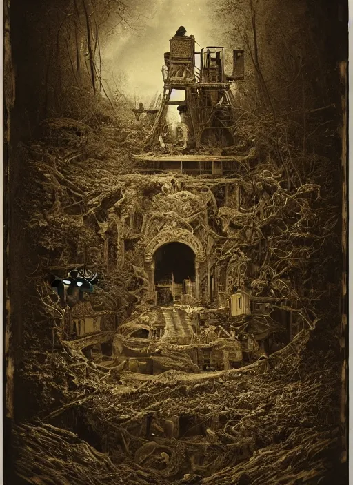 Image similar to old wetplate daguerreotype birth of civilization in times of eternal summoning, fractal, intricate, elegant, highly detailed, parallax, leica, medium format, subsurface scattering, by jheronimus bosch and greg rutkowski and louis jacques mande daguerre
