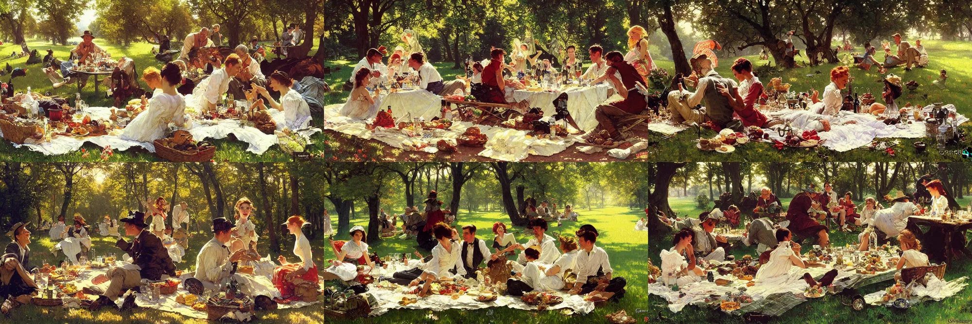 Prompt: The greatest picnic by greg rutkowski, norman rockwell, thomas kinkade, alphonse mucha