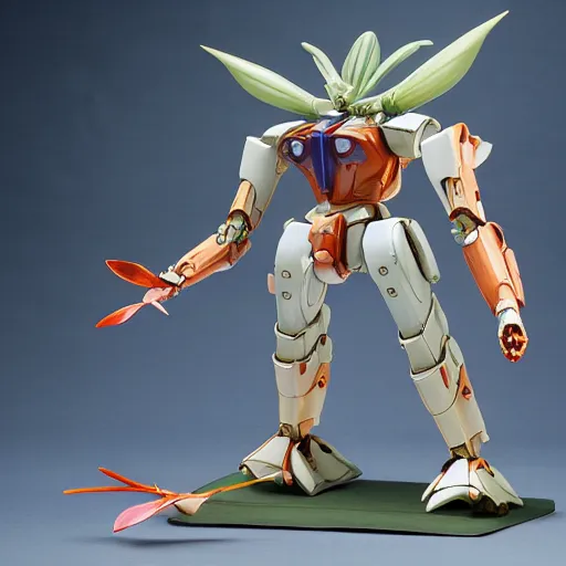 Prompt: futuristic nymphaea themed mecha waterlily upper body, sepals forming helmet, highly detailed, nymphaea, 8 k hd resolution, barbatos mobile suit with floral inlay, bandai box art, star wars, makoto kobayashi, frank gehry, raymond swanland