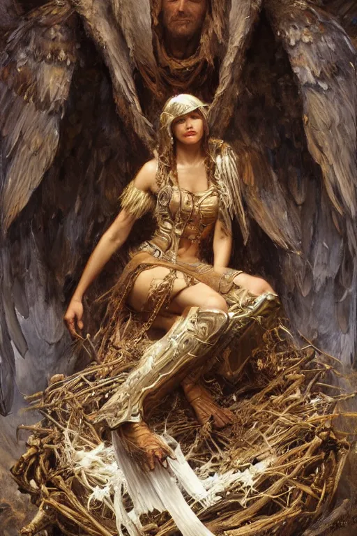 Image similar to full body portrait of seraphim queen sitting in her nest of bones, highly detailed painting by gaston bussiere, craig mullins, j. c. leyendecker, 8 k, mid shot