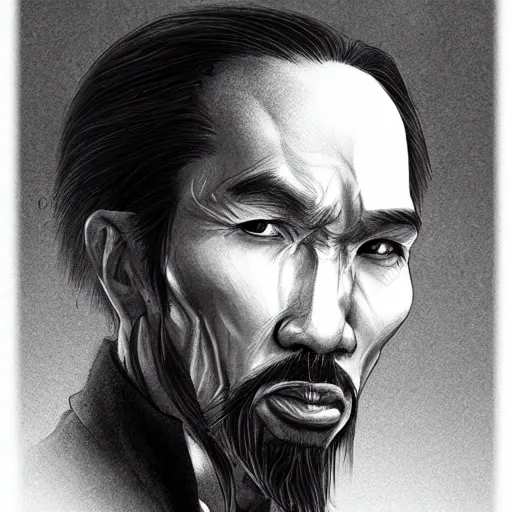 Image similar to black and white pencil portrait of a ho chi minh, vampire, fantasy, wizard, trending artstation, relaxed expression, dark lighting, high detail