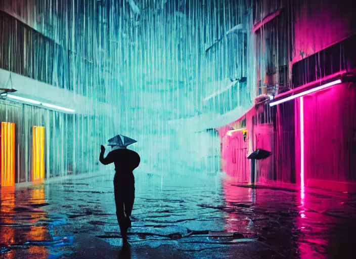 Image similar to a silhouetted person with long, flowing hair runs through an empty neon - lit brutalist city in the rain, colored gel lighting, reflective surfaces, midnight, kodak portra, 8 k art print, film grain, high contrast, hyperdetailed, chromatic aberration, dynamic pose