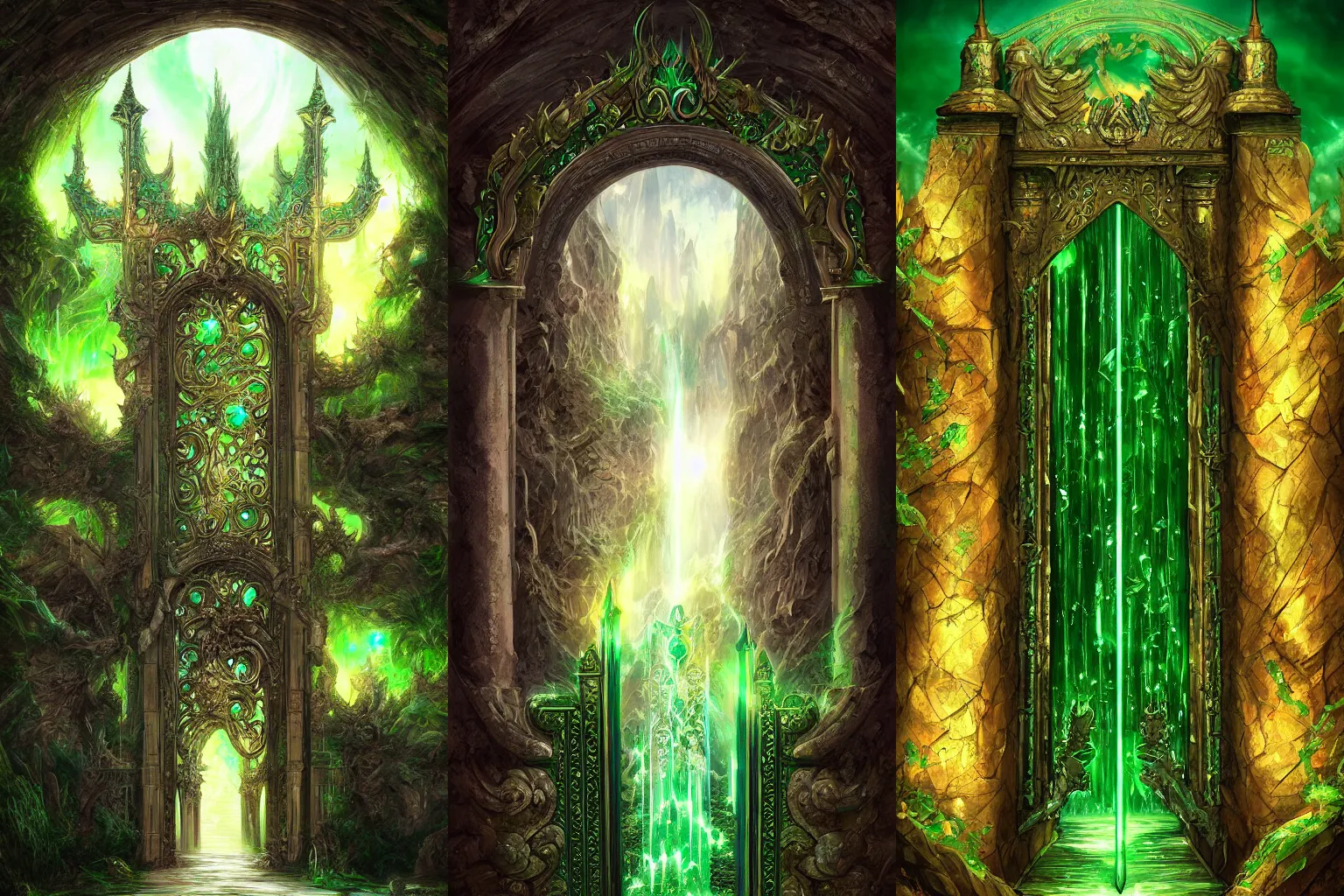 Prompt: The gate to the eternal kingdom of emerald, fantasy, digital art, HD, detailed.