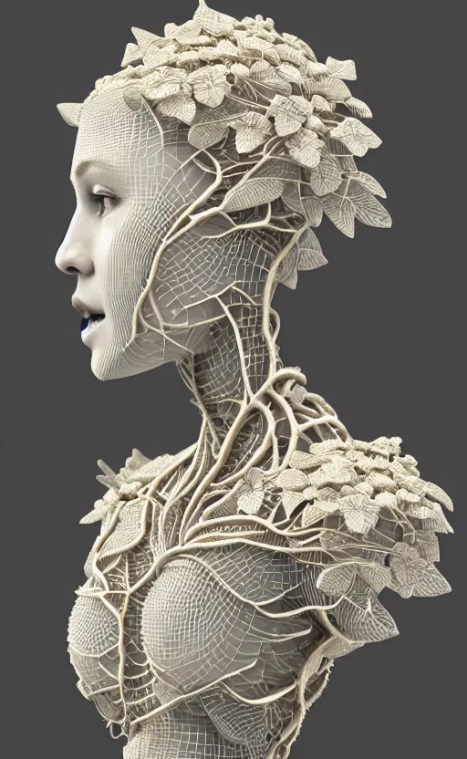 Image similar to complex 3d render of a beautiful porcelain profile woman face, vegetal dragon cyborg, 150 mm, beautiful natural soft light, rim light, silver gold details, magnolia leaves and stems, roots, fine lace, maze like, mandelbot fractal, anatomical, facial muscles, cable wires, microchip, elegant, highly detailed, white metallic armour, octane render, black and white, H.R. Giger style