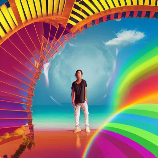 Image similar to miracle musical Hawaii part ii album cover, showing an ocean in the background, spiral transparent stairs on the left, a slight rainbow in the background, white outline border, moon in the right top area