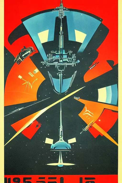 Image similar to ussr propaganda poster of 1 9 5 0 s space race, futuristic design, dark, symmetrical, washed out color, centered, art deco, 1 9 5 0's futuristic, glowing highlights, intense