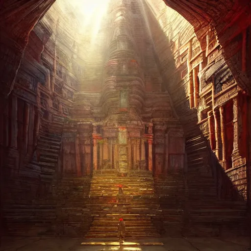 Image similar to detailed concept art of an ancient temple with sunlight filtering in, artstation, award - winning realistic concept art by jim burns and greg rutkowski, beksinski, a concept art masterpiece, red color palette, james gilleard, bruegel, alphonse mucha, and yoshitaka amano.