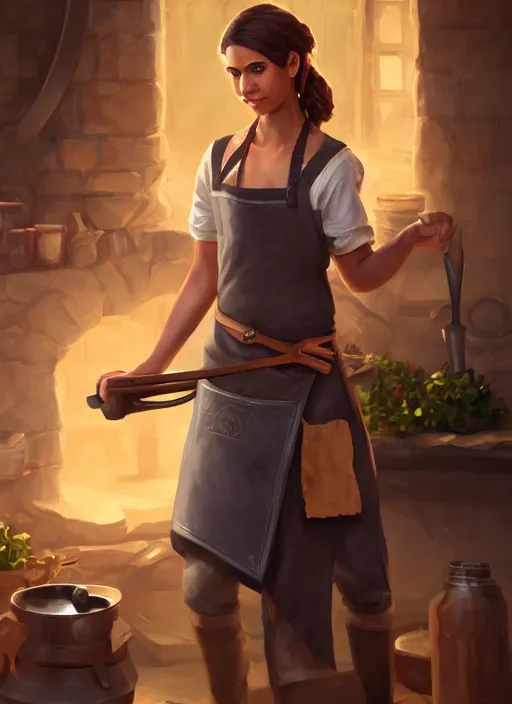 Prompt: a highly detailed illustration of naomi scott as kind blacksmith woman wearing apron, dramatic smile pose, intricate, elegant, highly detailed, centered, digital painting, artstation, concept art, smooth, sharp focus, league of legends concept art, wlop.