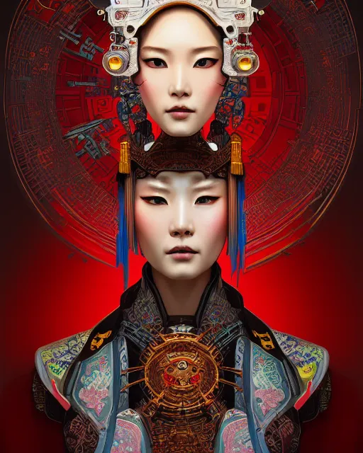 Image similar to portrait of a cyberpunk machine, machine face, upper half portrait, decorated with chinese opera motifs, asian, fine china, wuxia, traditional chinese art, intricate, elegant, highly detailed, symmetry, headpiece, digital painting, artstation concept art smooth sharp focus, illustration, art by artgerm and greg rutkowski alphonse mucha 8 k