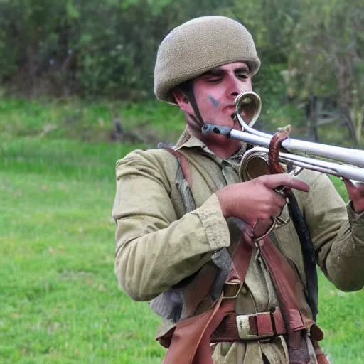 Image similar to A gypsy paratrooper with rifle blowing his trumpet