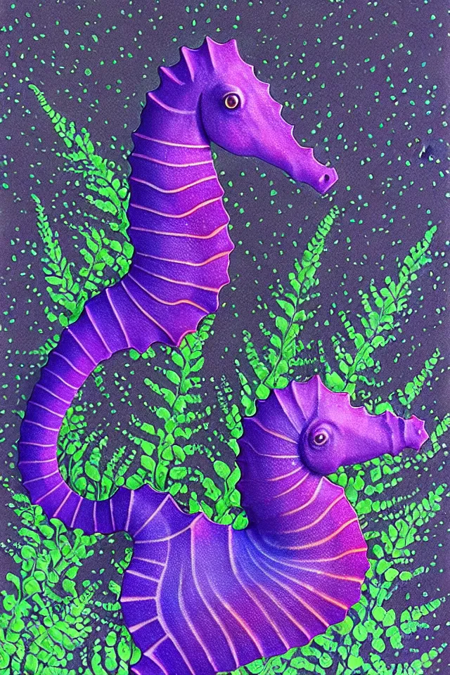 Image similar to a portrait of a purple seahorse statue on a cobblestone platform lush with various plants, black paper, beautiful intricate painting by kokaris