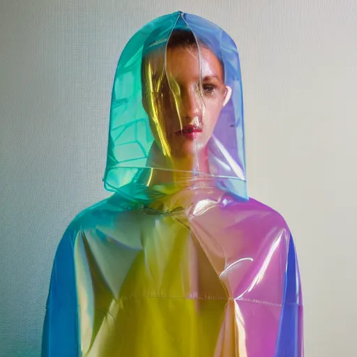 Image similar to an ultra high definition professional studio quality photograph of a transparent iridescent perspex pastel coloured raincoat tent combo on a model in an empty white room. dramatic lighting, ray tracing, refraction, shallow d. o. f, colour corrected, golden ratio, three point light. volumetric shadows. light rays.