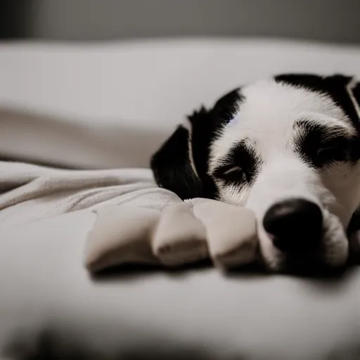 Prompt: a sleepy puppy in bed, resting on a pillow, Sigma 50mm f/1.4