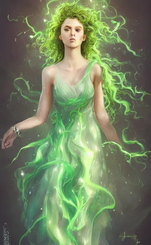 Image similar to a young woman with wild, curly hair and bright green eyes. she's wearing a flowing dress made of light, airy fabric and she has a mischievous look on her face, dynamic lighting, photorealistic fantasy concept art, trending on art station, stunning visuals, creative, cinematic, ultra detailed