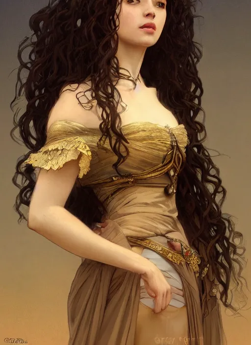 Image similar to medium-length portrait of a female princess with long curly hair and brown eyes, dark brown skin, happy expression, wears a beautiful flowing gown, medieval setting, highly detailed, digital painting, artstation, concept art, sharp focus, illustration, art by greg rutkowski and alphonse mucha