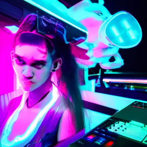 Image similar to grimes on stage djing, volumetric neon lights in the background, gleaming, 3 5 mm photography, portrait!!!!!!, trending on artstation, 4 k, 8 k, zbrush, mannerism