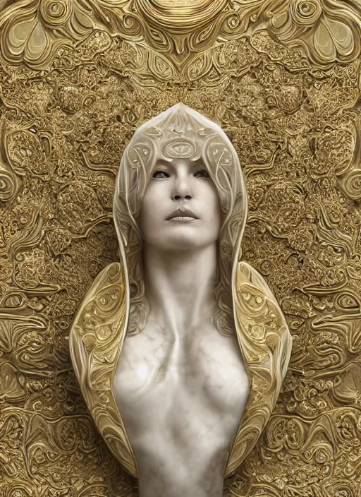 Image similar to marble sculpture of beautiful woman, mandelbulb, hypercube, palladium veins, liquid gold, ivory carving, fractal paisley inlay, lace, intricate, elegant, highly detailed, gold inlay, metallic, ivory, artgerm, lace, by ruan jia, greg rutkowski, mucha, zbrush, nick alm