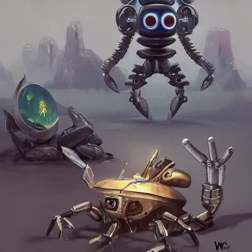 Image similar to unicorn grey alien changing batteries to a robotic crab with african decoration and a spongebob puppet, highly detailed, concept art, art by wlop and artgerm and greg rutkowski, masterpiece, trending on artstation, 8 k