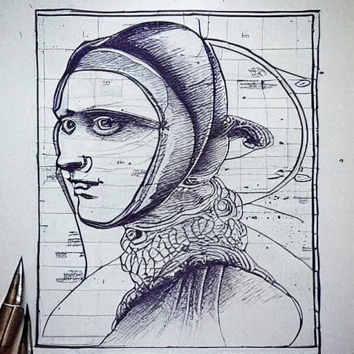 Prompt: ink draw of 👽 very detailed, leonardo da vinci blueprint style