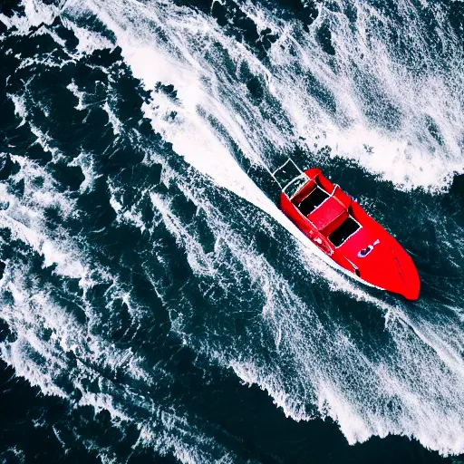 Image similar to a lonely boat floating in the turbulent red ocean, tsunami, fierce huge waves, dangerous depressing atmosphere, dark tone, disaster film, filmic, cinematic, aerial view