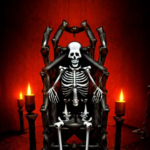 Prompt: a skeleton tied to the chair in a dungeon, steel chains binding the skeleton, diablo 2 style, dark, demonic, horror, hyperrealistic, sharp, digital art, featured on artstation, HD, 8K, highly detailed, masterpiece