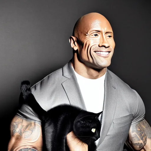 Image similar to dwayne johnson holding a black cat, studio lighting, promotional photograph