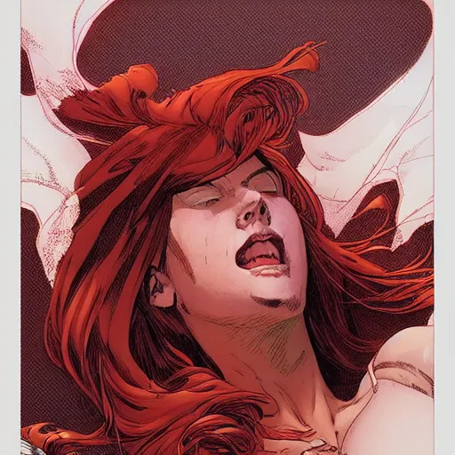 Prompt: a beautiful comic book illustration of a red-headed woman with white shirt by Jerome Opeña, featured on artstation