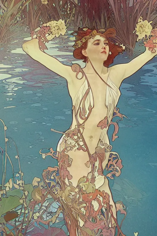 Image similar to summer swimming party, body horror, composition by alphonse mucha, octane render