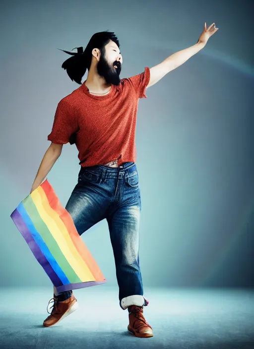 Image similar to japanese man with short hair and a beard wearing denim and leather clothes dancing next to a rainbow, full body portrait, dynamic lighting