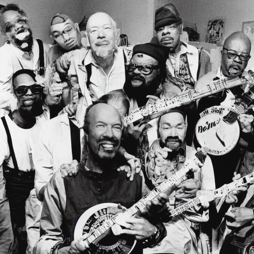 Prompt: album cover photo of pete seeger with a banjo singing around a single microphone with run dmc from 1 9 8 9